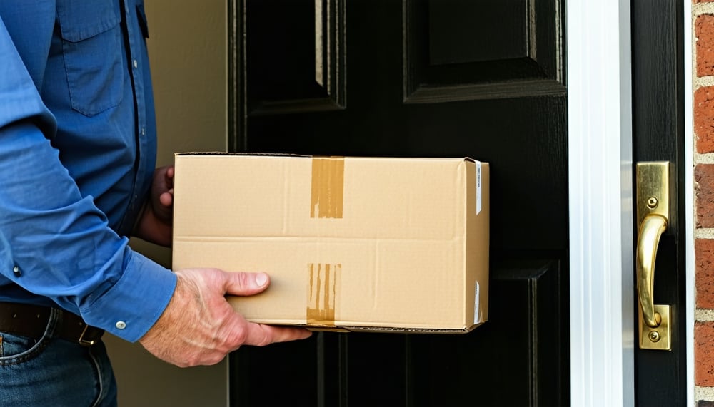 Prescription delivery package arriving at a customer's door